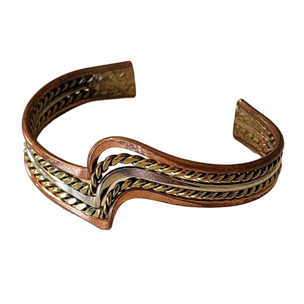 Vintage Taxco Tri Metal Wavy Cuff Bracelet Brass Silver Copper - Picture 2 of 8
